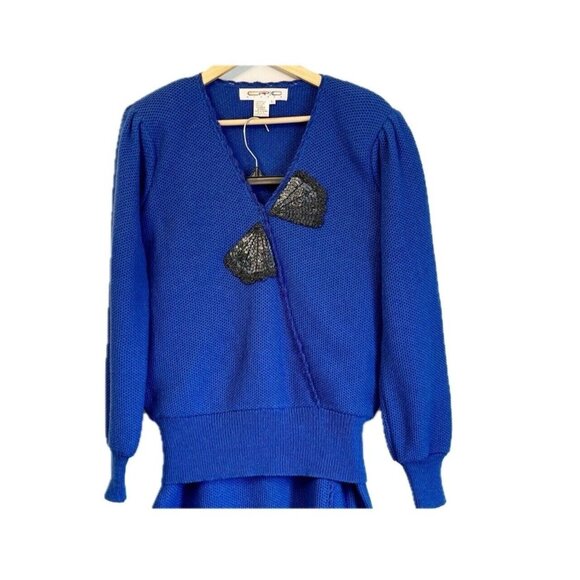 Vintage Epic Steven Womens Top Skirt Suit Large Cobalt Blue Wool Beaded 80s - Picture 4 of 14